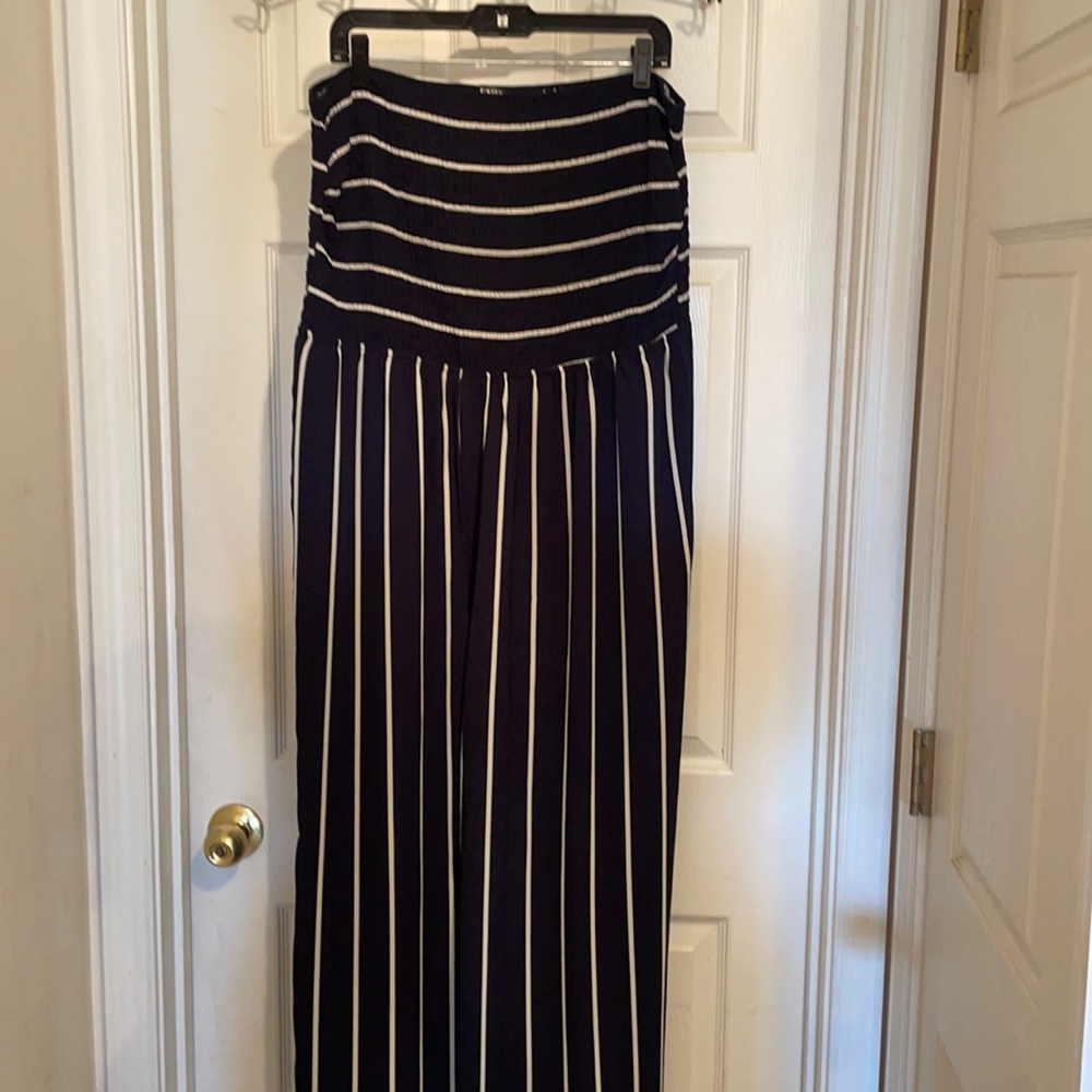 Plus size navy/white smocked strapless jumpsuit
